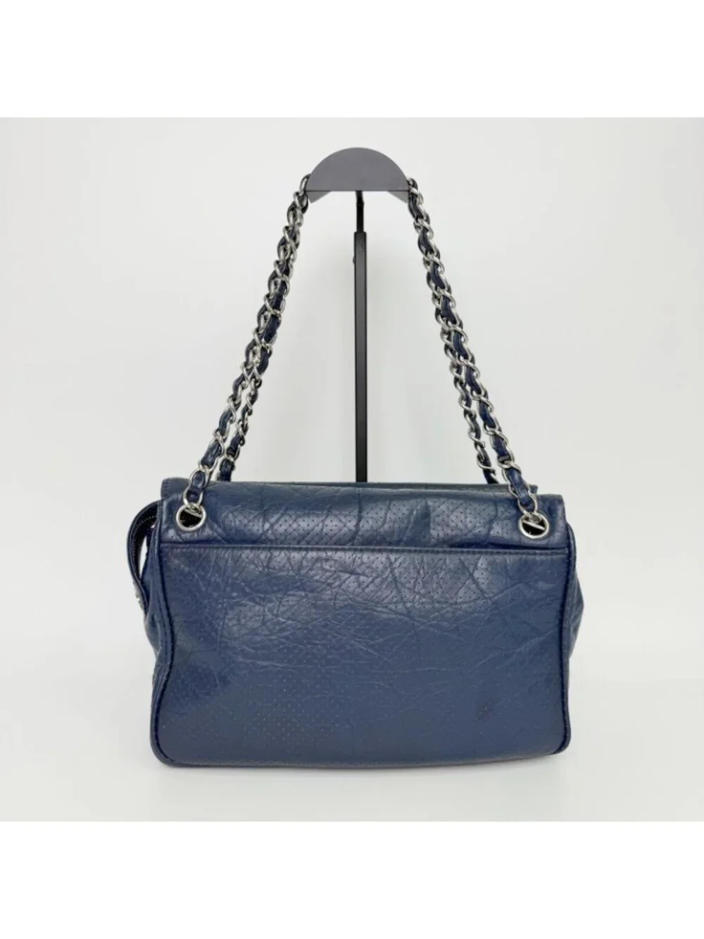 Chanel CC Logo Quilted Perforated Shoulder Bag Leather Blue Silver Vintage